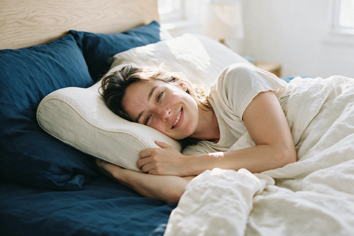 Femme reposée sur un oreiller ergonomique Dormel dans une chambre lumineuse