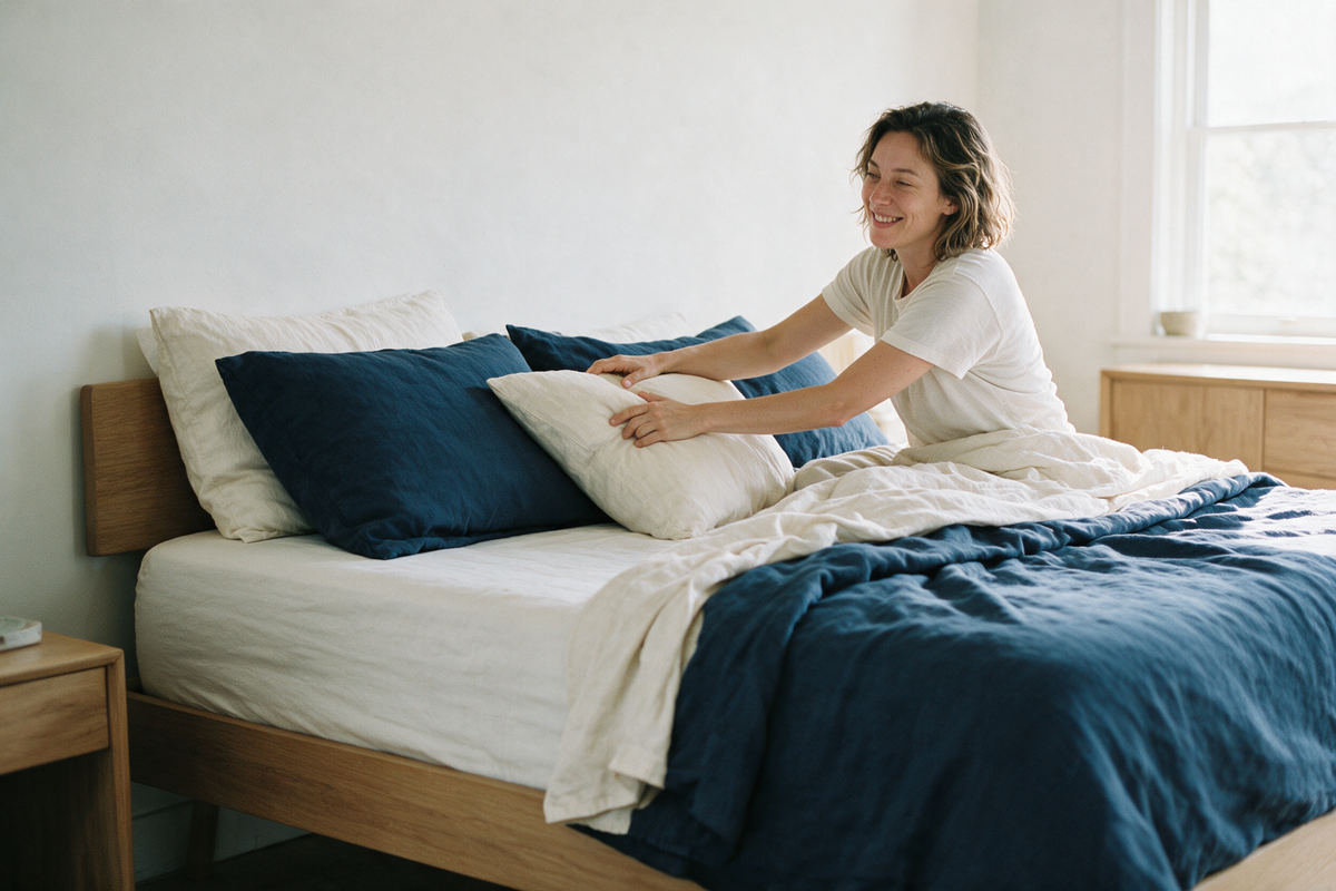 Femme préparant un pack literie complet Dormel