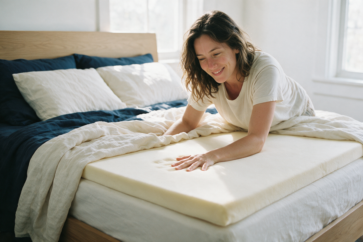 Main s'enfonçant dans un surmatelas à mémoire de forme Dormel