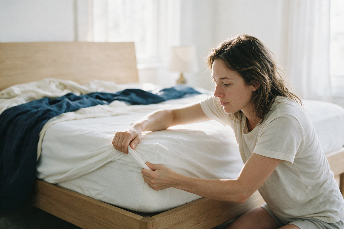 Femme enfilant un protège-matelas Dormel sur le coin du matelas