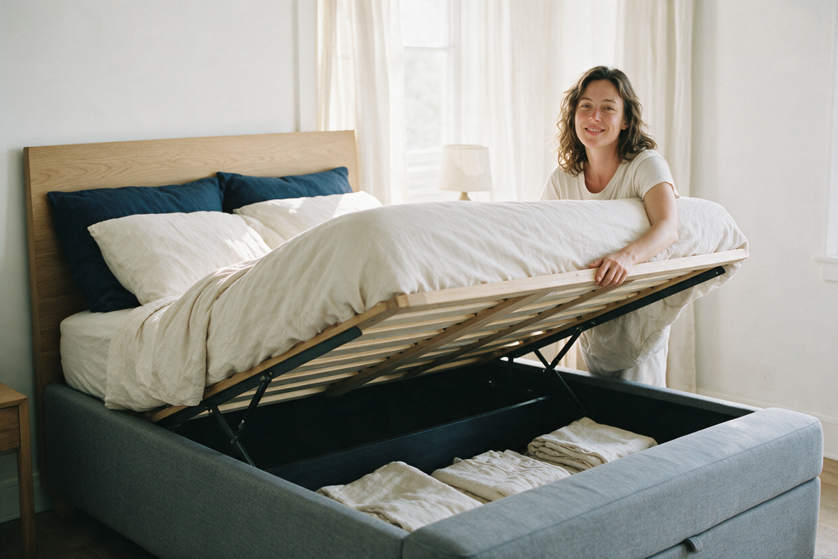 Femme ouvrant le rangement d'un lit coffre Dormel