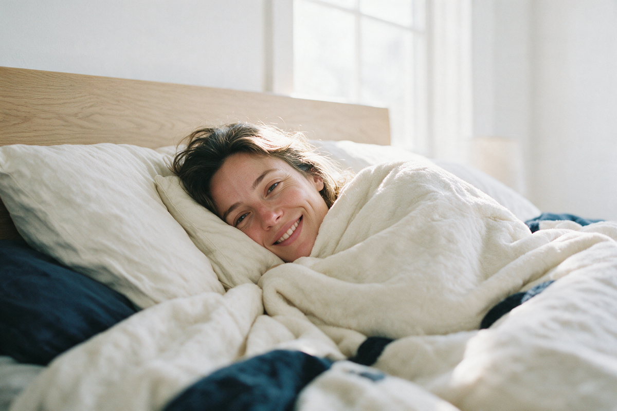 Femme sous une couette Dormel douillette dans une chambre lumineuse