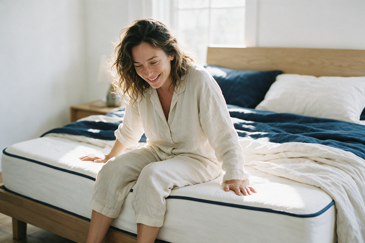 Femme détendue sur un matelas Dormel dans une chambre lumineuse
