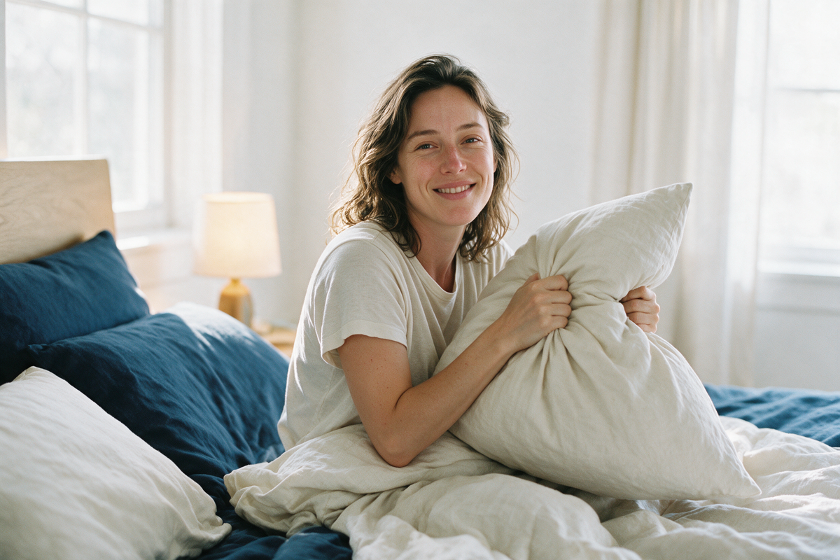 Femme avec un oreiller moelleux Dormel dans son lit