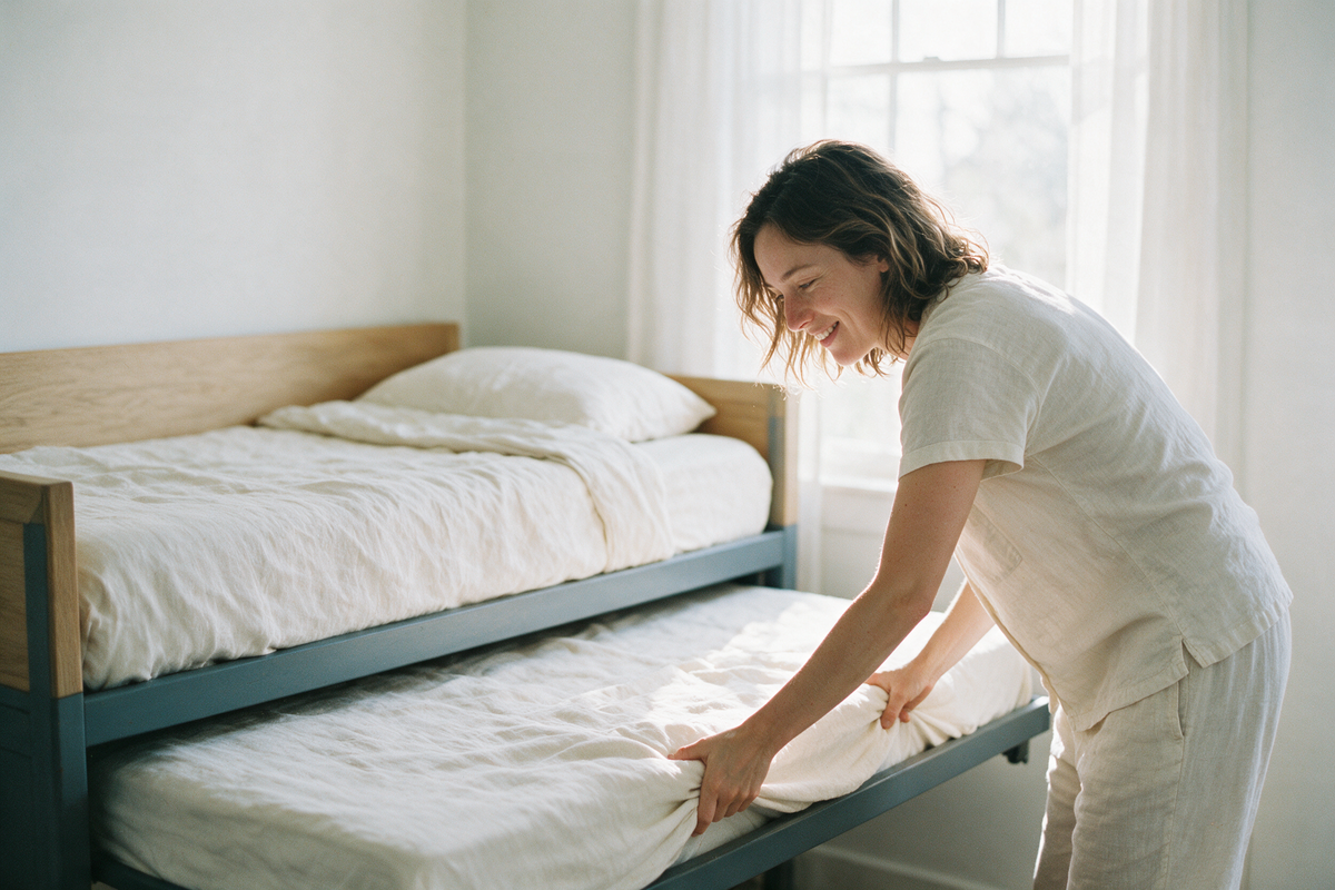 Femme dépliant un lit gigogne Dormel