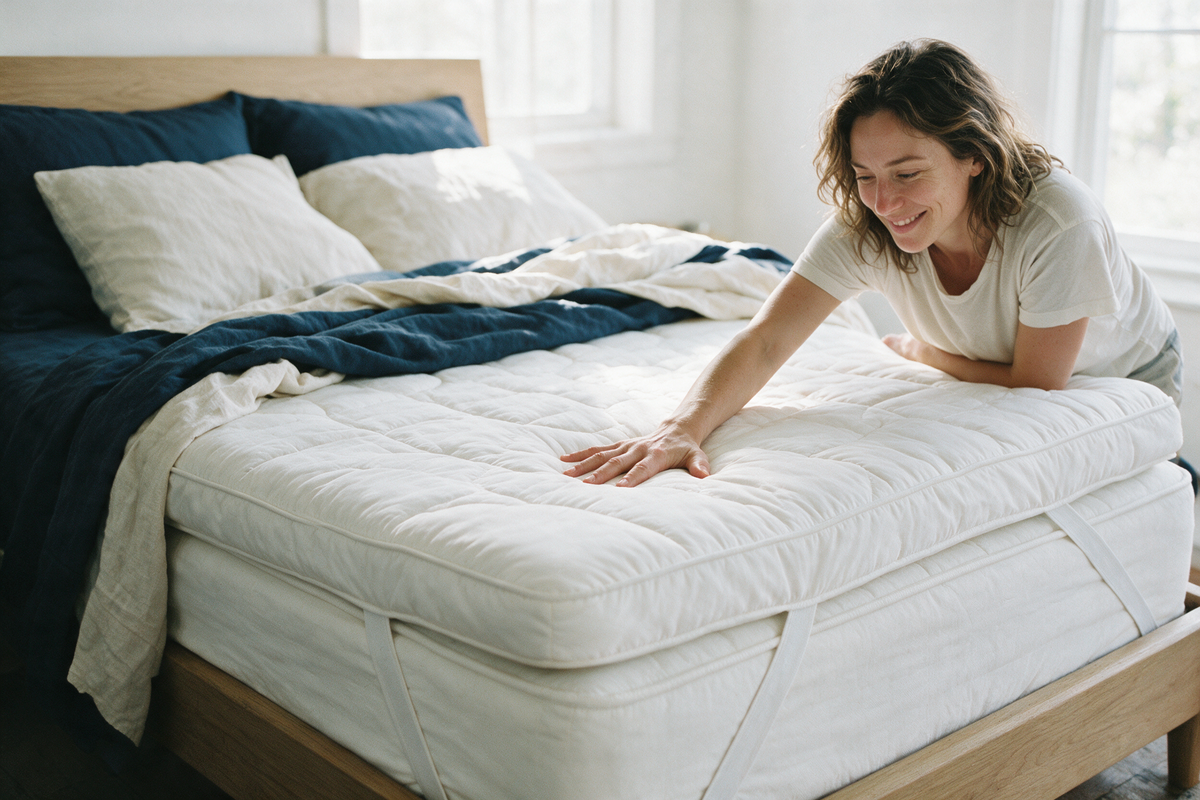 Femme testant la fermeté d'un surmatelas ferme Dormel