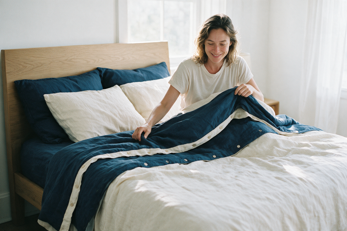 Femme présentant une couette 4 saisons Dormel
