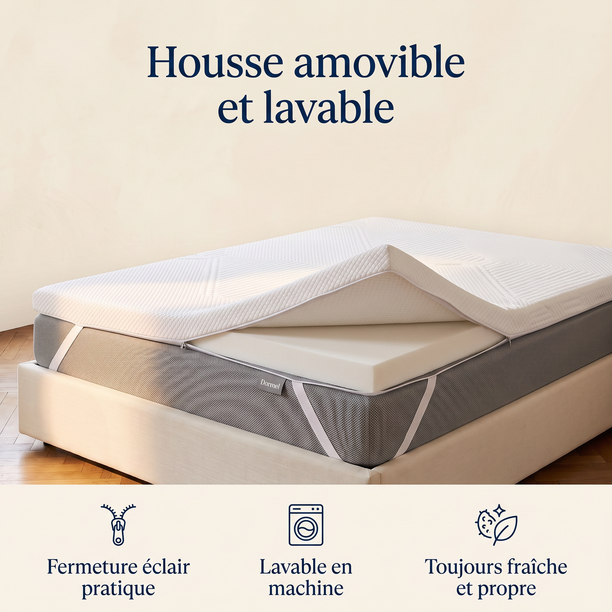 Surmatelas ferme Dormel Le Tonique, posé sur le matelas