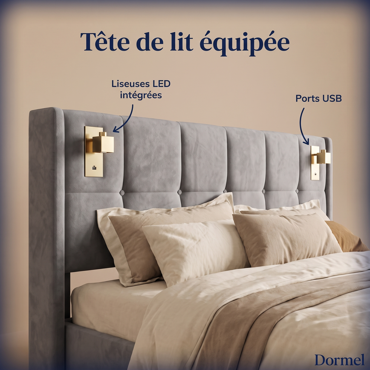 Lit L'Astucieux Dormel, tête de lit avec liseuses LED et ports USB