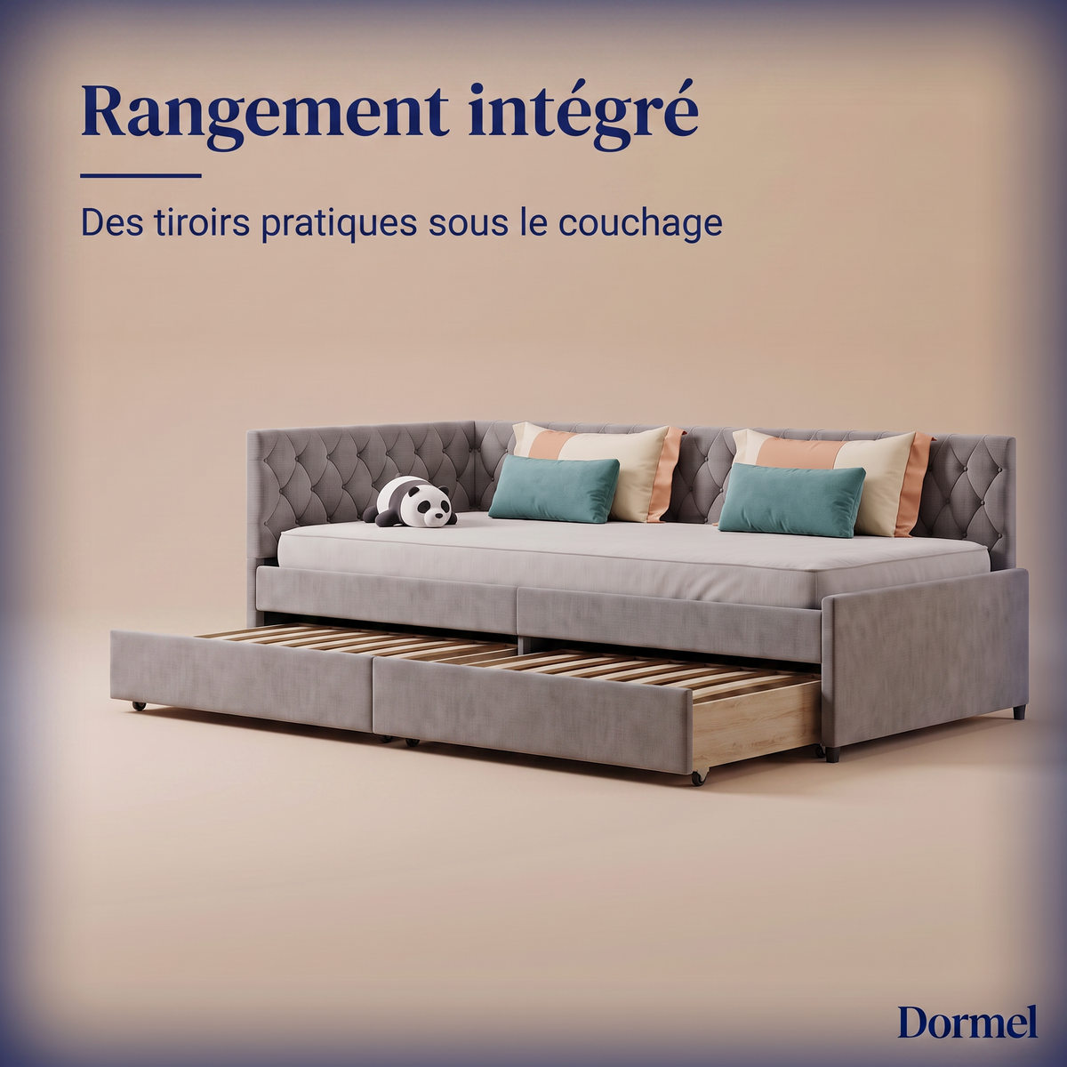 Lit gigogne Dormel Le Duo, dossier capitonné en velours