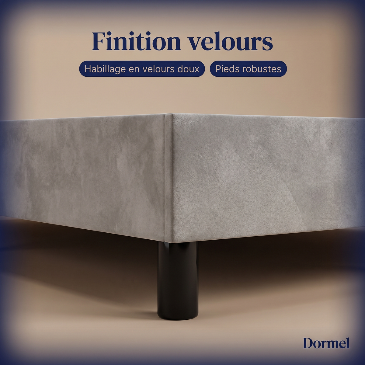 Sommier tapissier Le Socle Dormel, habillage velours sur pieds